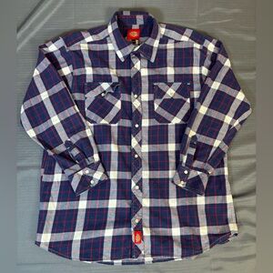 Dickies Plaid Button Up Shirt 2XL Navy Red Workwear Flannel Snap Front